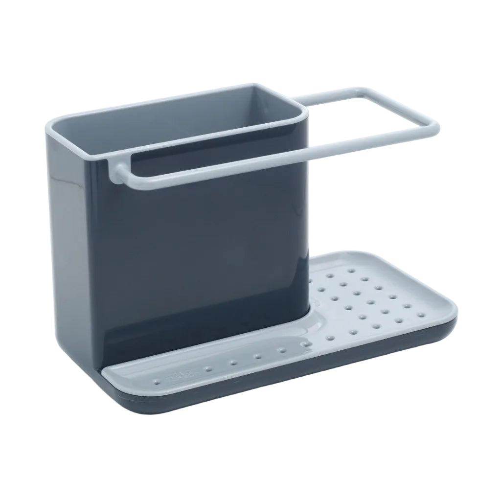 A dark gray and light gray plastic kitchen sink organizer with a rectangular cup holder, a hanging handle, and a perforated drain tray base, shown on a white background.
