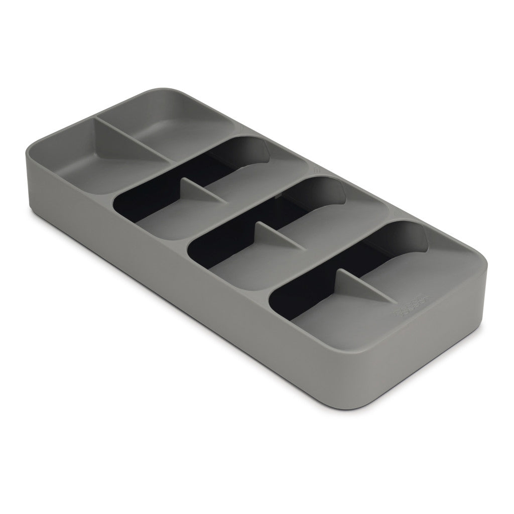 A gray rectangular plastic cutlery organizer tray with five divided compartments, shown at an angle on a white background.