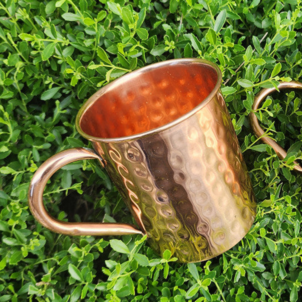 Hammered copper Moscow Mule mug resting on a bed of green foliage.