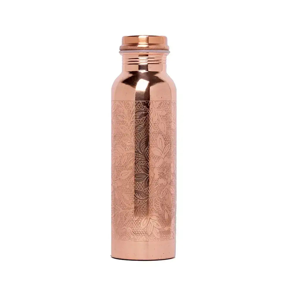 Copper water bottle with embossed design on a white background