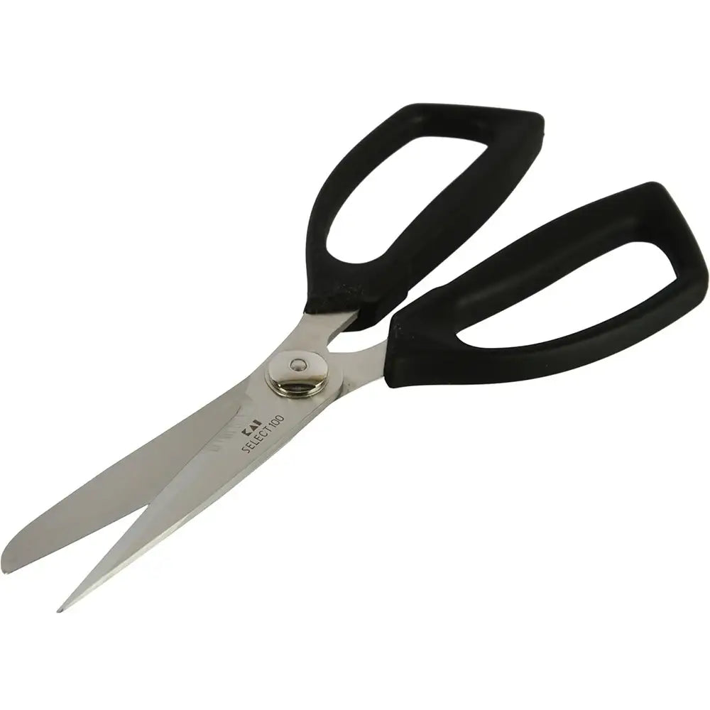 Pair of scissors with black handles on a white background