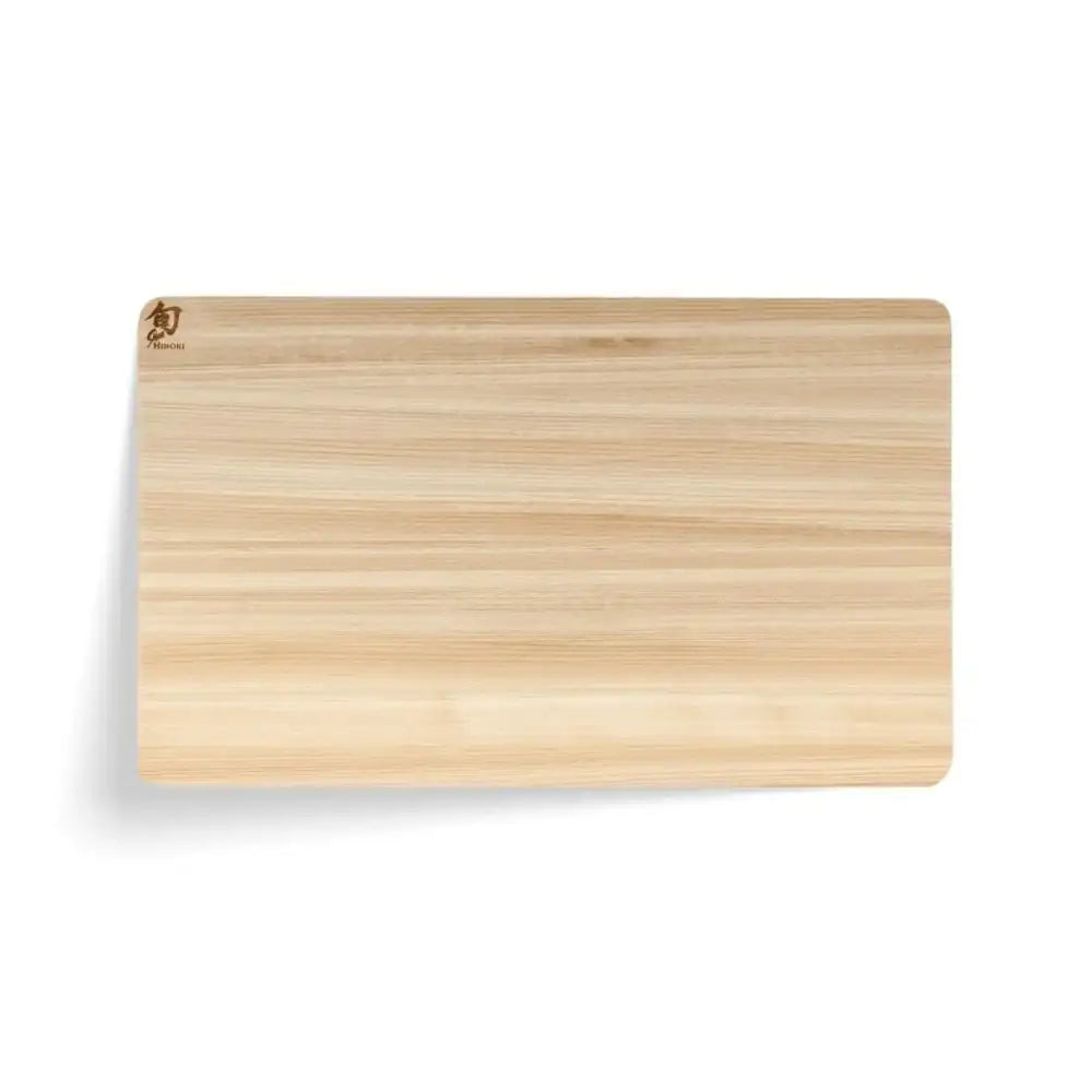 Wooden cutting board with a brand logo on a white background