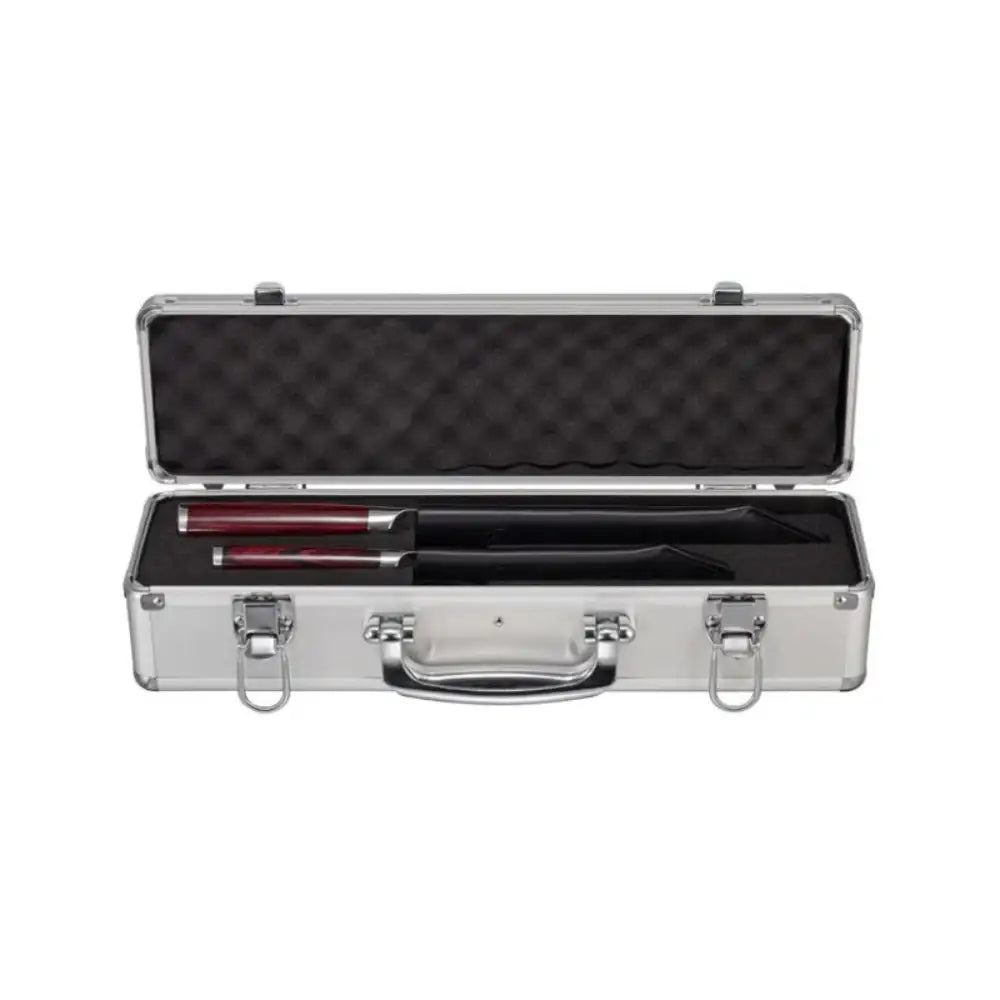 Aluminum case with black interior holding two red and silver objects on a white background