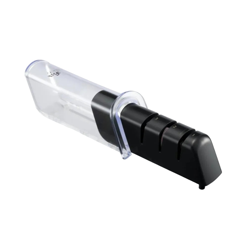 Black and clear knife sharpener on a white background