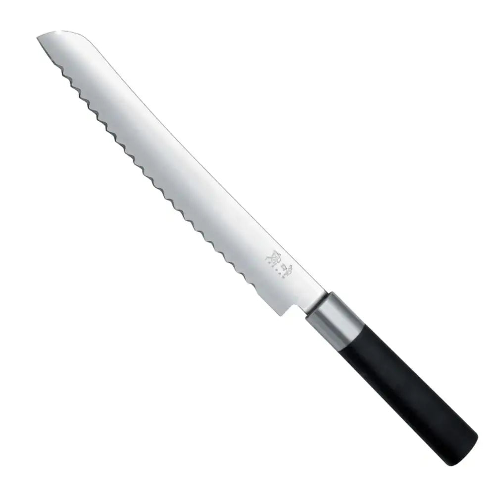 Serrated bread knife with black handle on a white background
