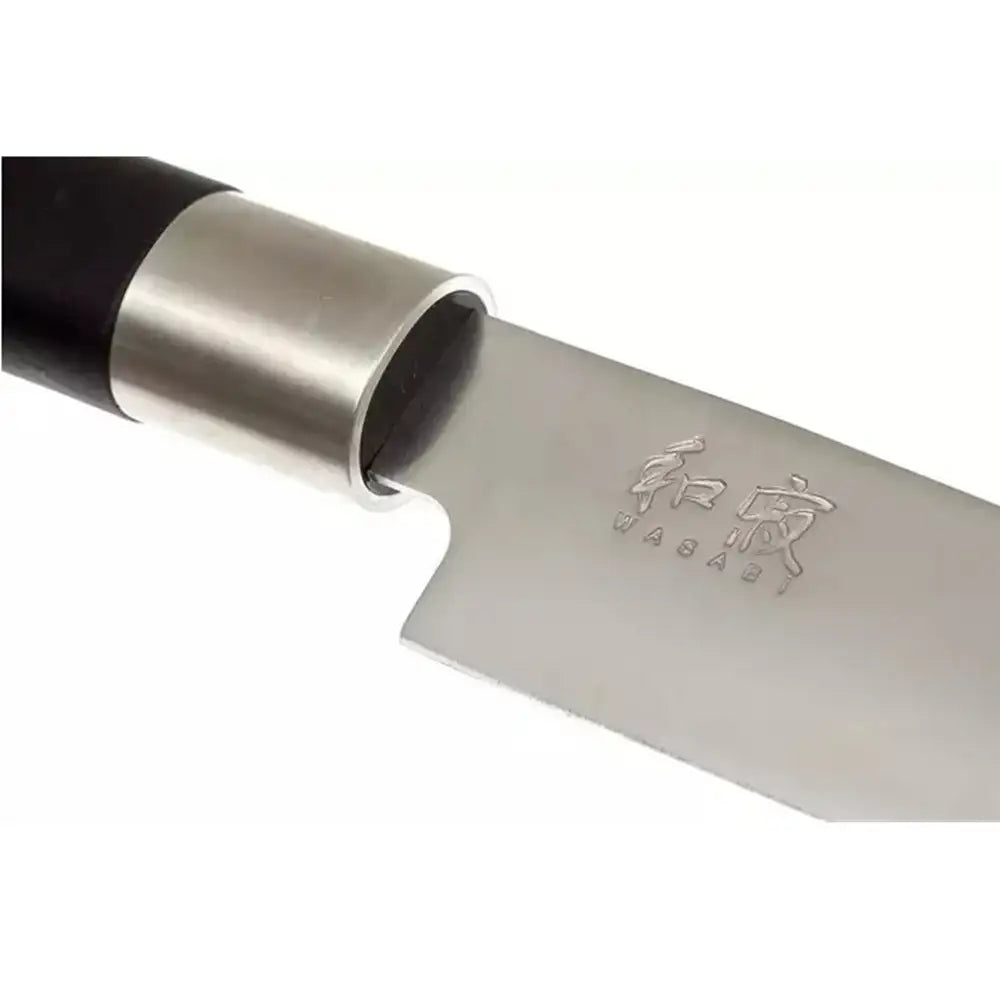 Close-up of a knife with a black handle and silver blade on a white background