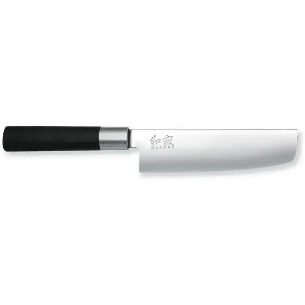 Knife with black handle and silver blade on a white background