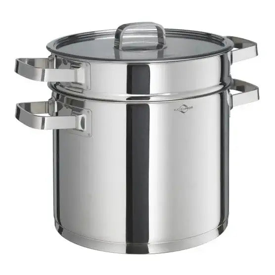Stainless steel steamer pot with glass lid on a white background