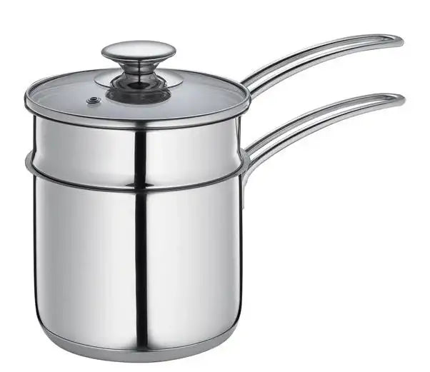 Stainless steel milk frothing pitcher on a white background