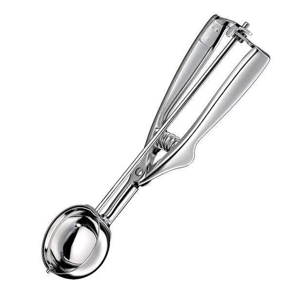 Stainless steel ice cream scoop on a white background