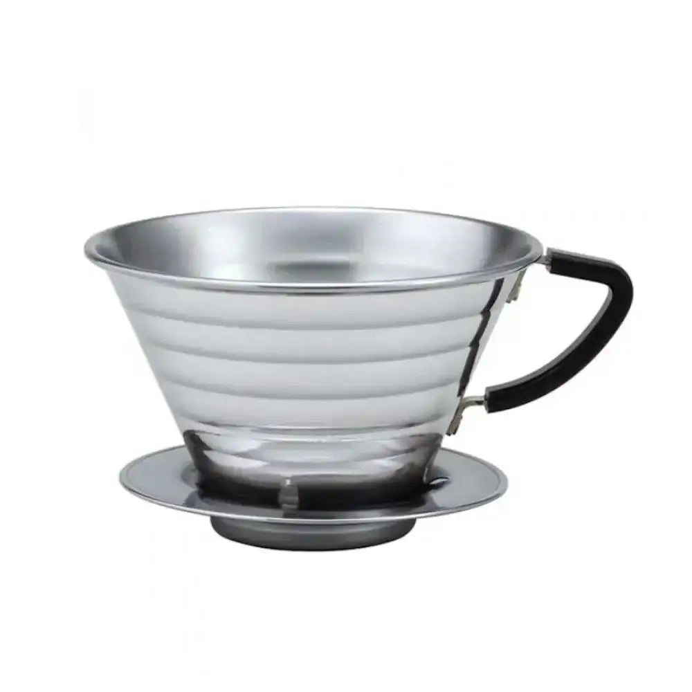 Stainless steel coffee filter with handle on a white background