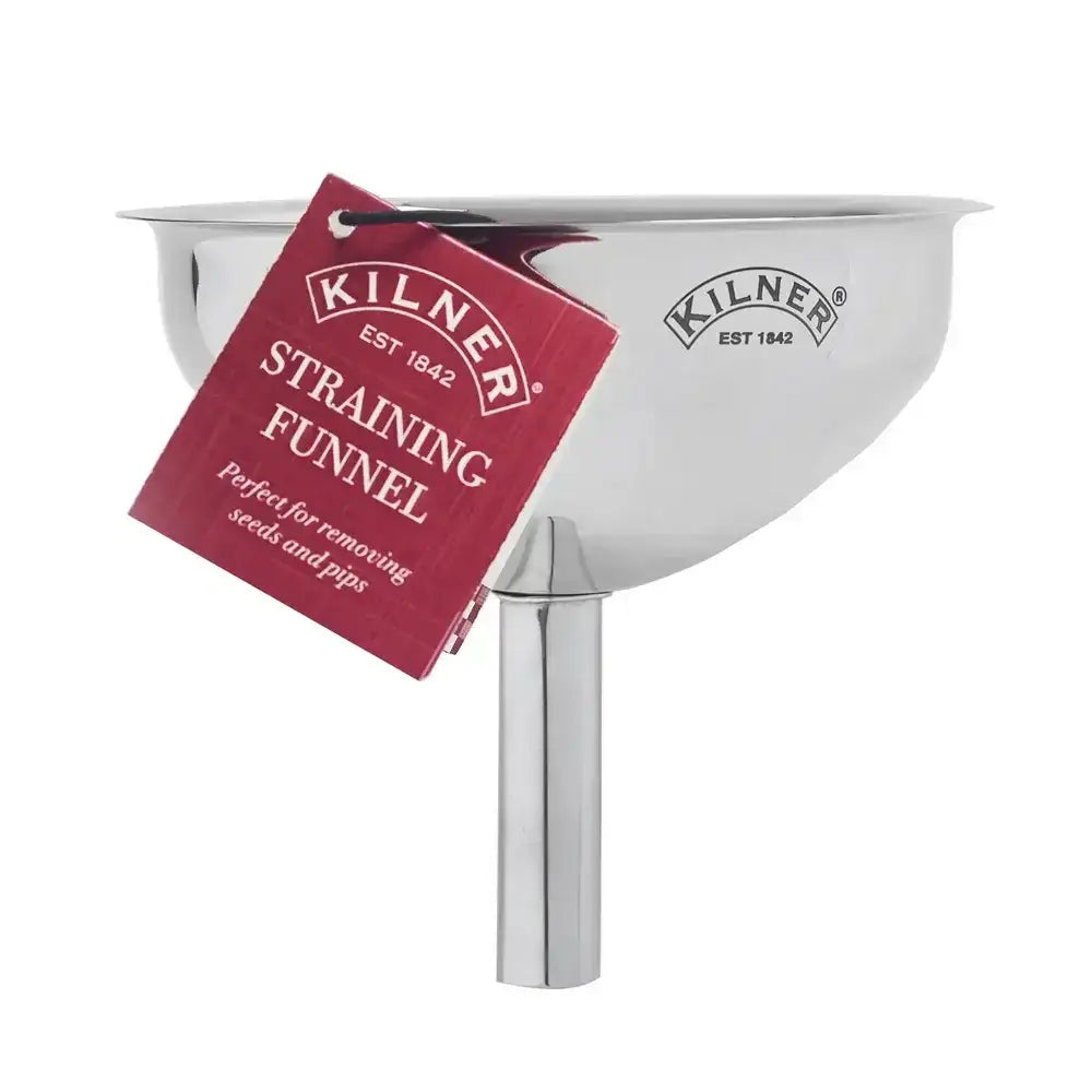 Silver straining funnel with a red Kilner label on a white background
