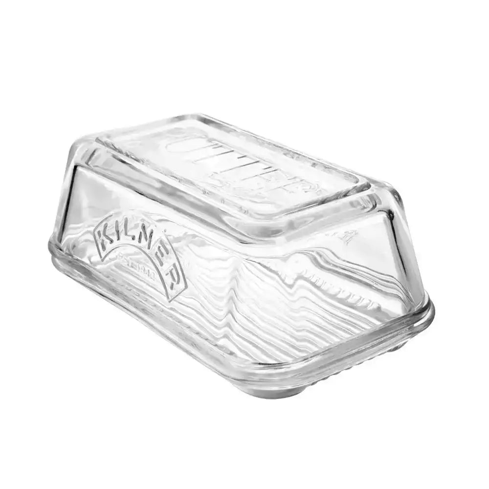 Clear glass butter dish with a rectangular lid, embossed with Kilner logo, kitchenware
