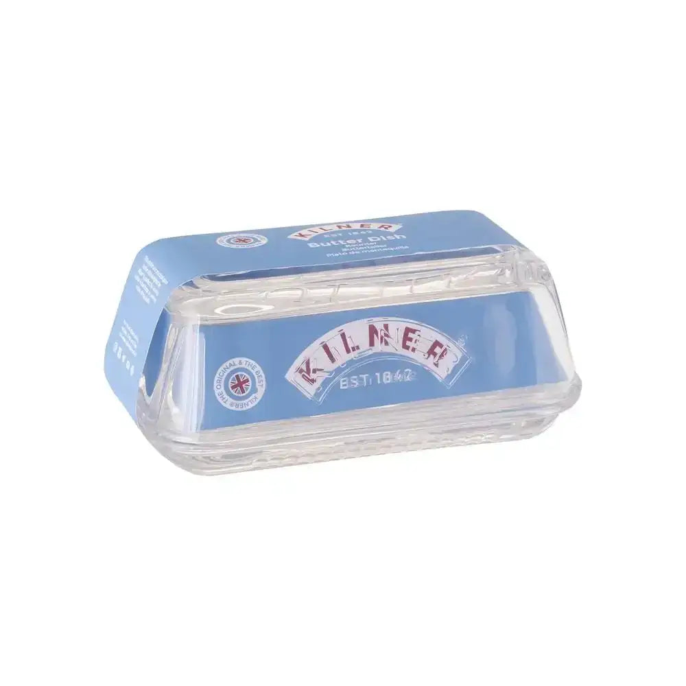 Clear glass butter dish with lid, blue label, rectangular kitchen storage container