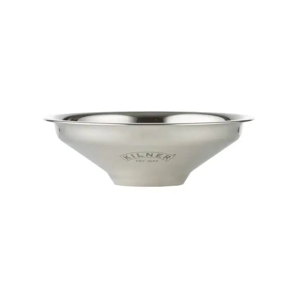 Stainless steel bowl with 'Kilner' branding on a white background