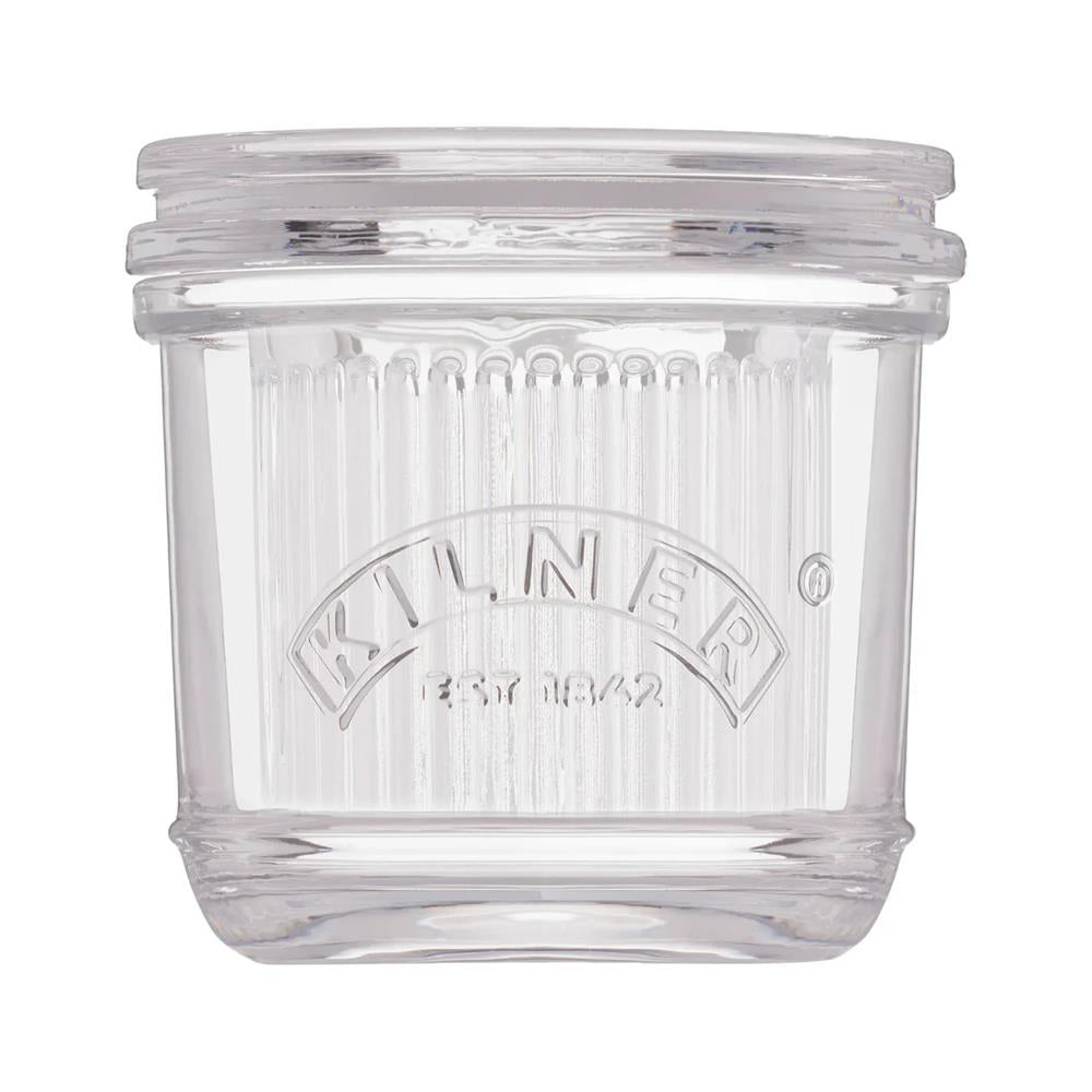 Clear glass jar with Kilner branding on a white background