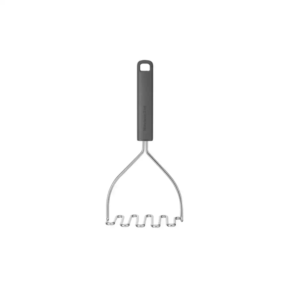 Metal masher with black handle on a white background
