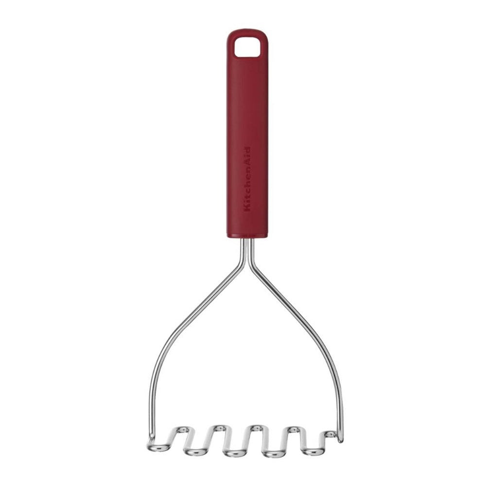 Stainless Steel wire masher with a red plastic handle on a white background