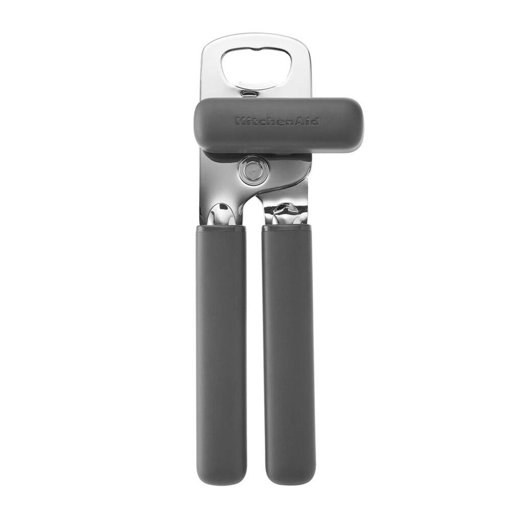 Stainless Steel bottle opener with black finish on a white background