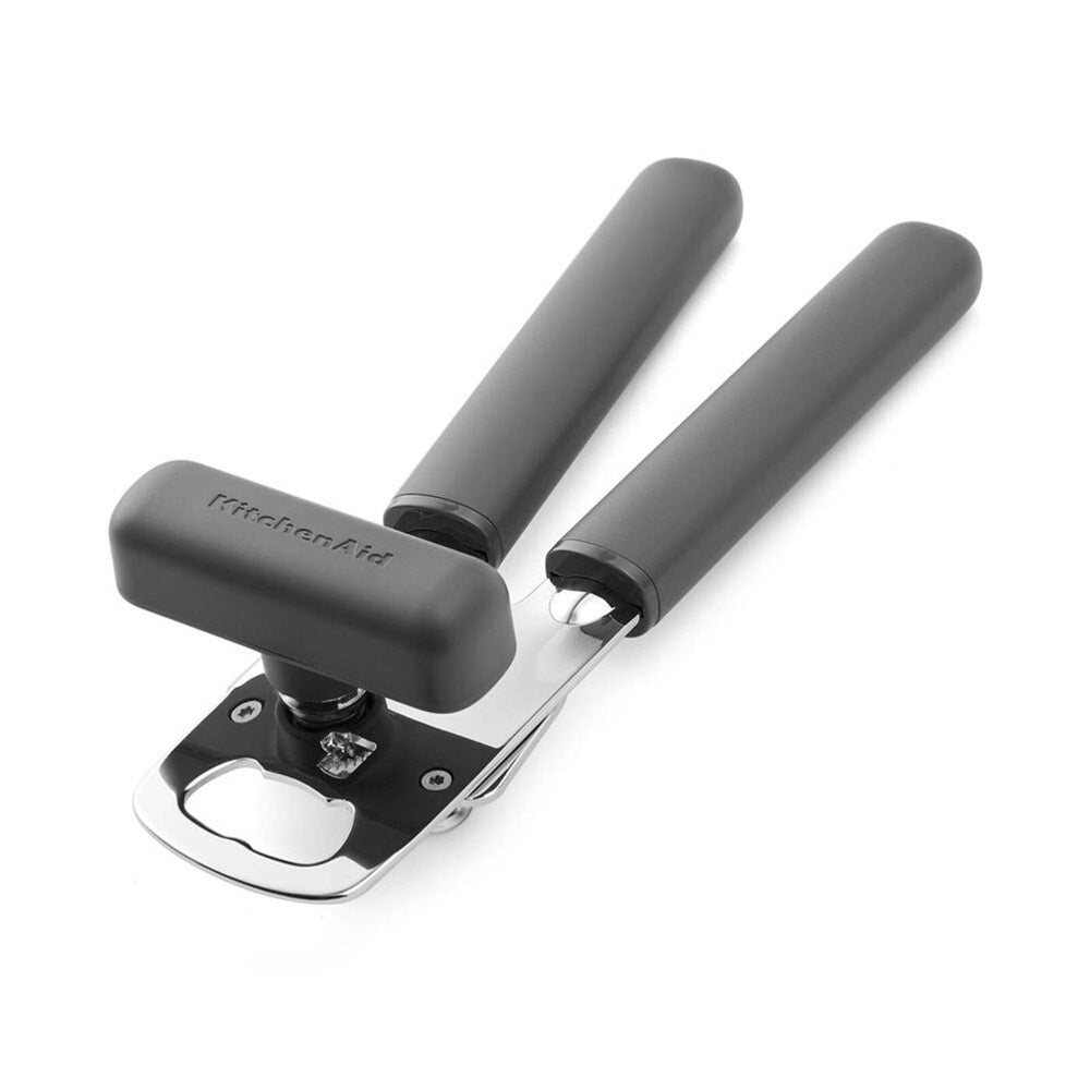 Stainless Steel bottle opener with black finish on a white background