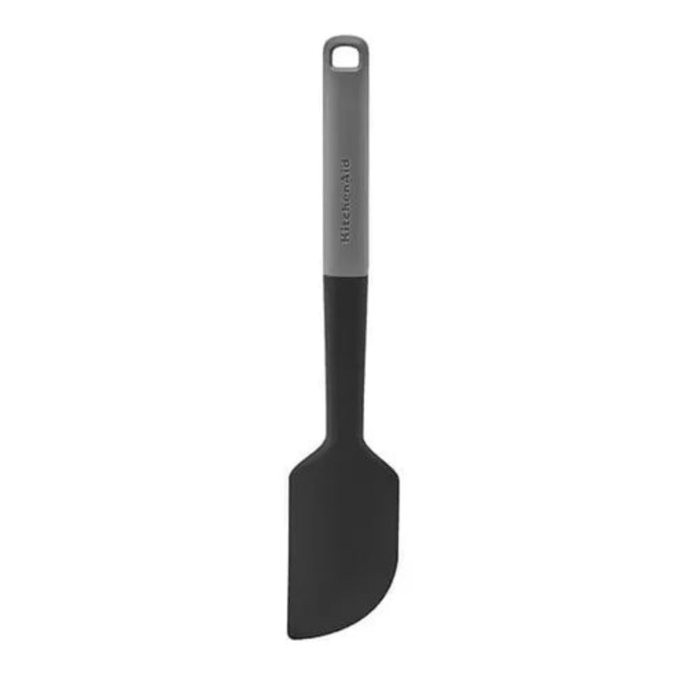 A silicone spatula with a dark gray silicone head and a two-tone handle featuring a medium gray upper section and a black lower grip. The brand name 'Mikreco' is vertically printed on the handle.