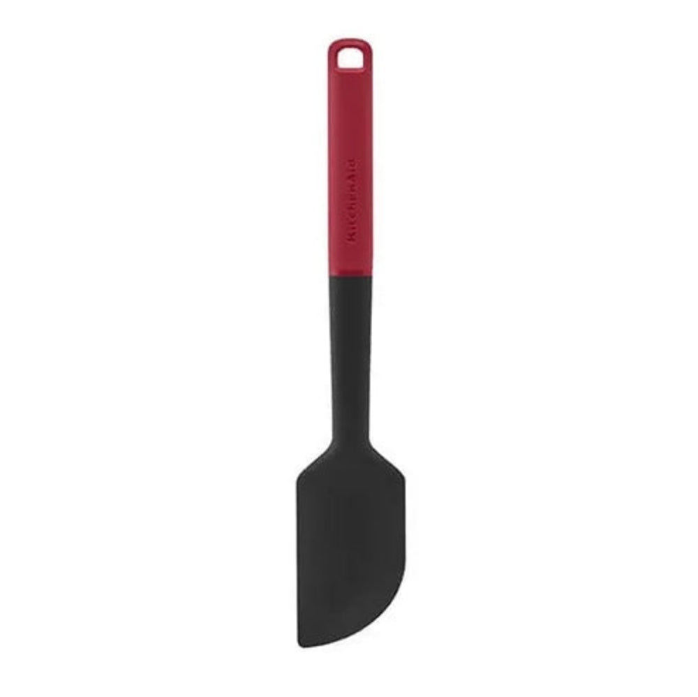 A silicone spatula with a black paddle head and a red handle, featuring the 'Mikrofarber' brand name printed vertically on the red section.
