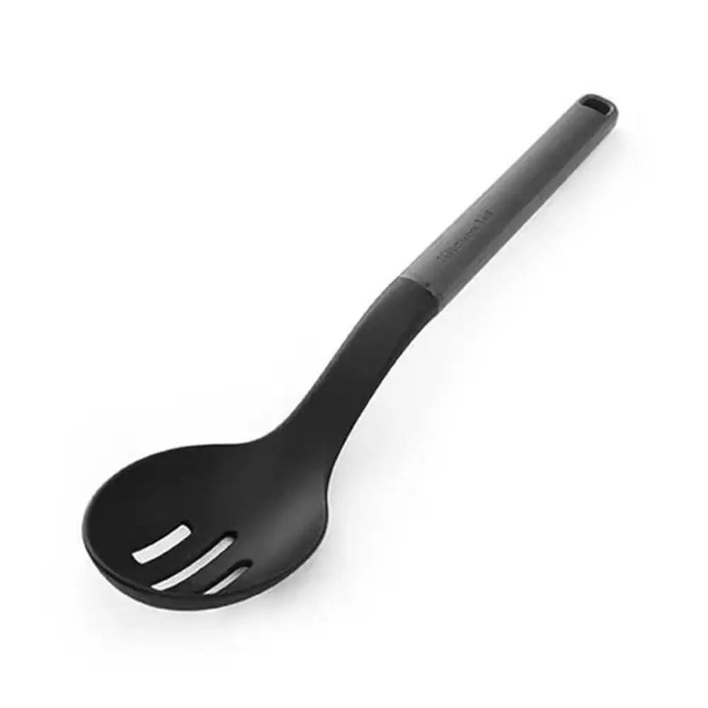 Black slotted spoon on a white background