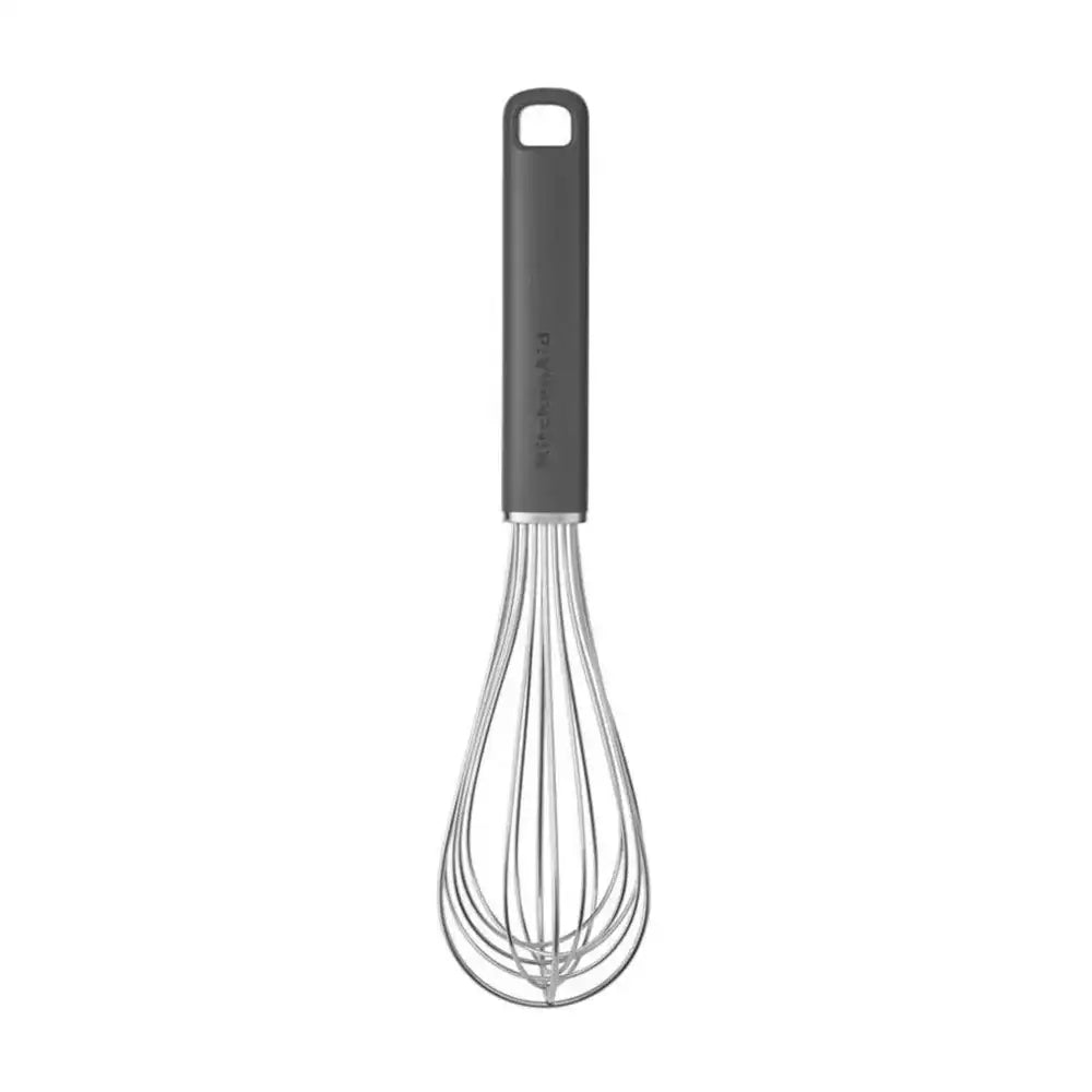 Black-handled whisk on a white background