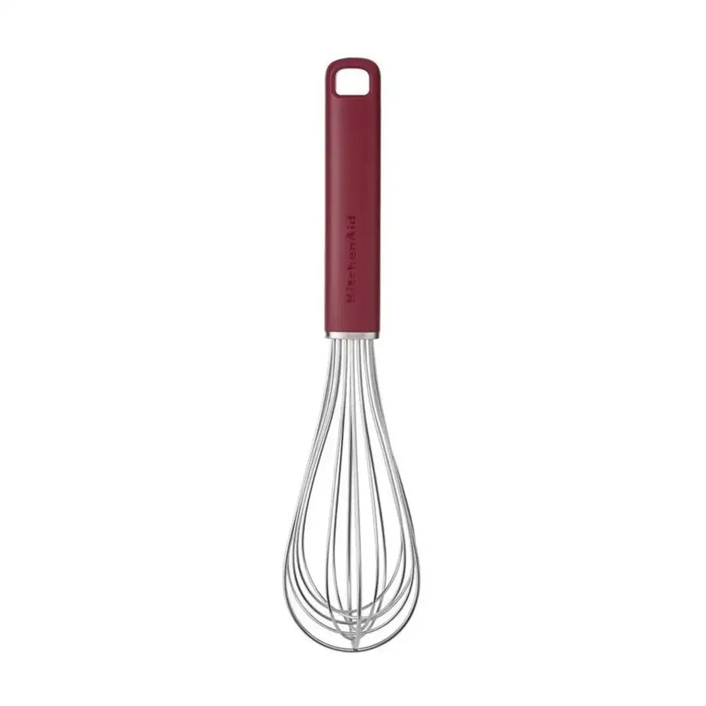 Red-handled whisk on a white background