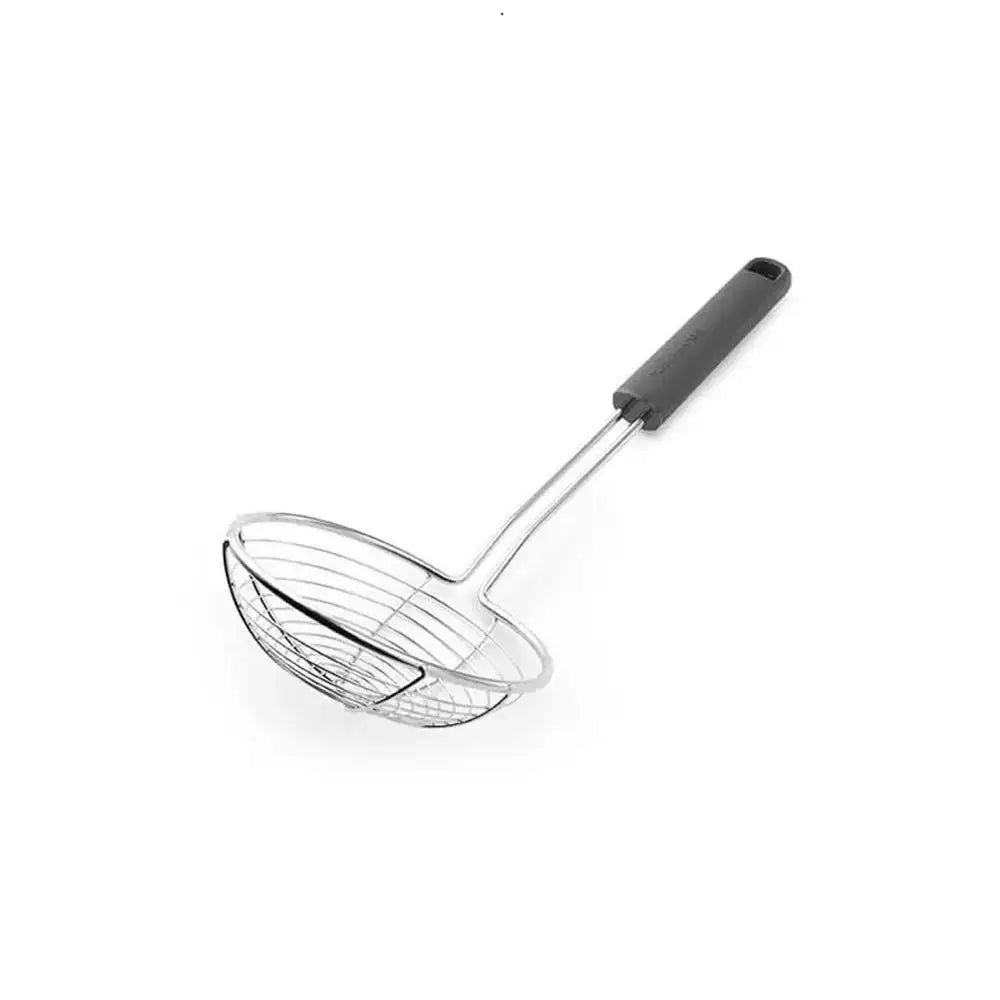 Metal skimmer with black handle on a white background