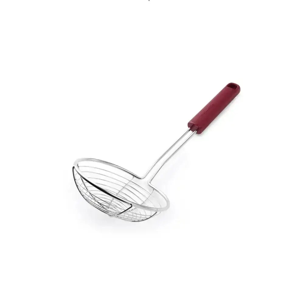 Metal mesh skimmer with a red handle on a white background