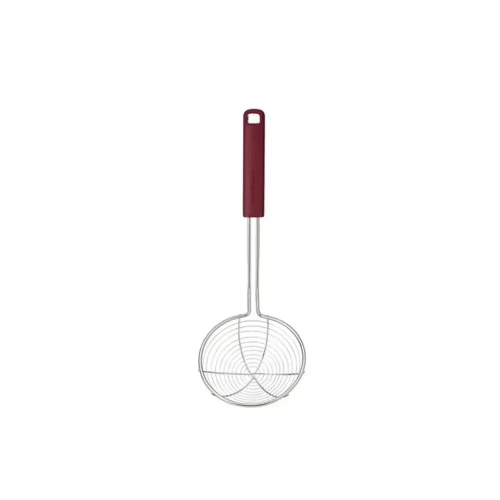 Metal mesh skimmer with a red handle on a white background