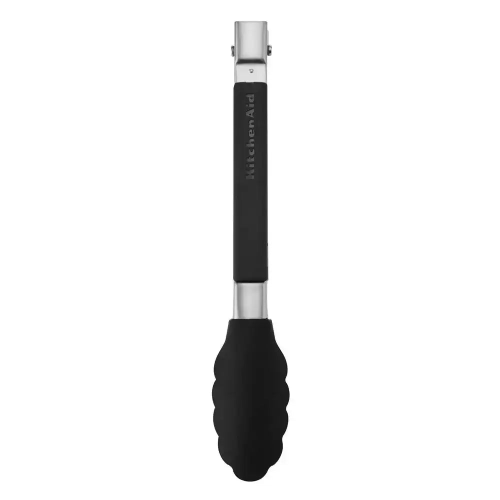 Black tongs with a metallic handle on a white background