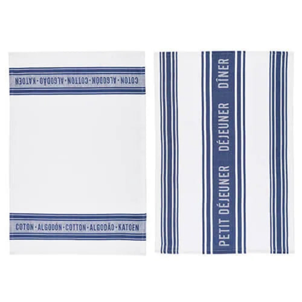 Two white kitchen towels with blue stripes and text, shown side by side on a plain white background. One towel reads 'COTON - ALGODON - COTON - ALGODON - KATOEN' and the other reads 'PETIT DÉJEUNER' and 'DÉJEUNER'.