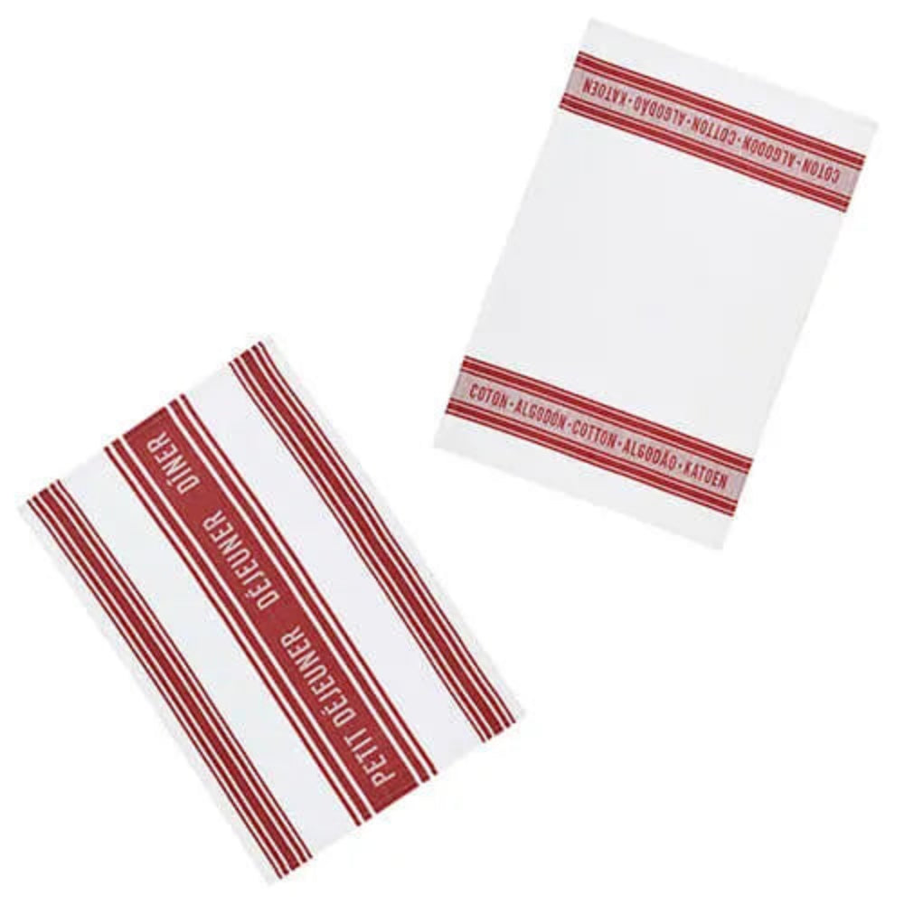 Two white kitchen towels with red stripes and text on a plain white background.