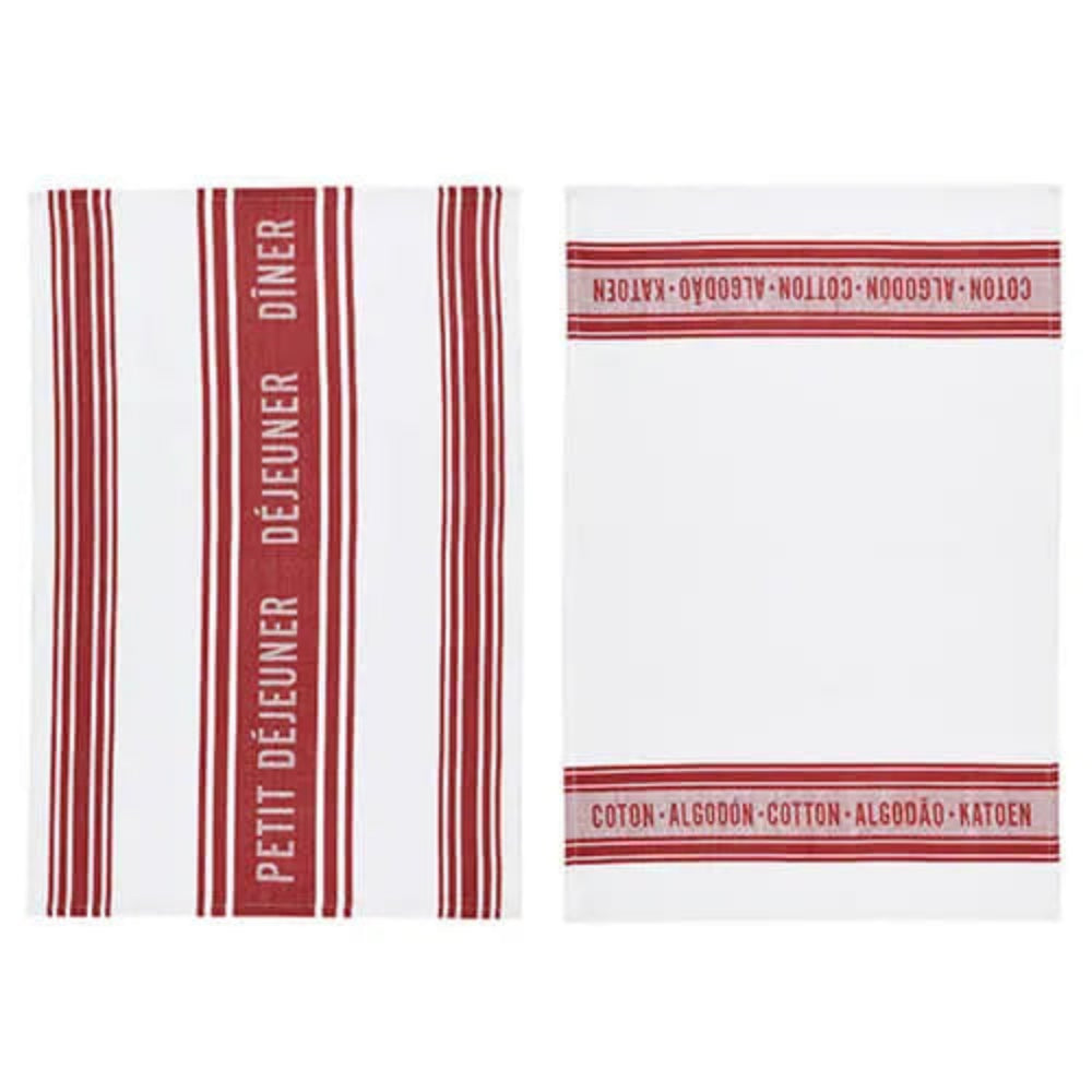 Two white kitchen towels with red stripes, one featuring the French text 'Petit Déjeuner Déiner' and the other featuring 'Coton - Algodón - Cóton - Algodón - Kátén' printed horizontally.