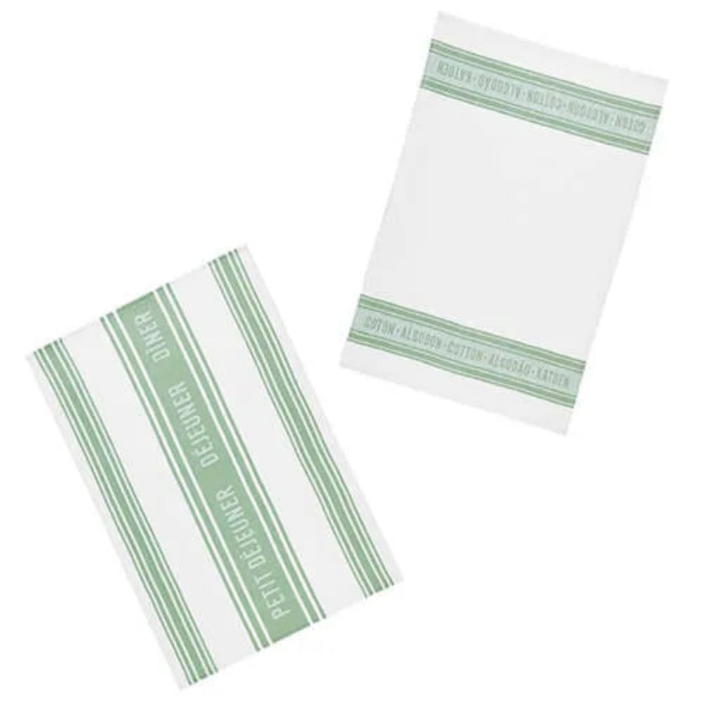 Two white paper envelopes with green striped borders and text printed vertically, shown on a plain white background.