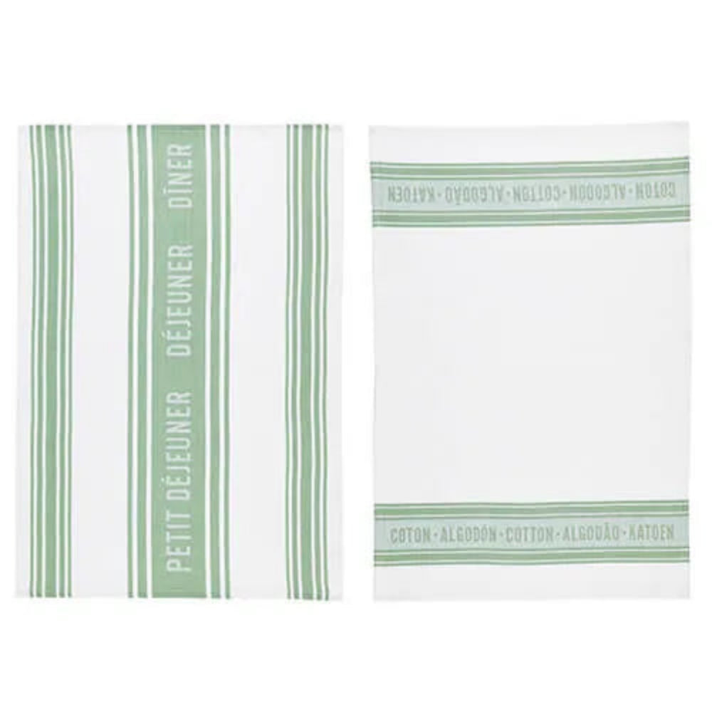 Two white kitchen towels with green stripes, shown side by side on a white background. One towel features vertical stripes with the French text 'PETIT DÉJEUNER DÉJEUNER PETIT' and the other has horizontal stripes with 'COTON-ALGODON' printed in green.