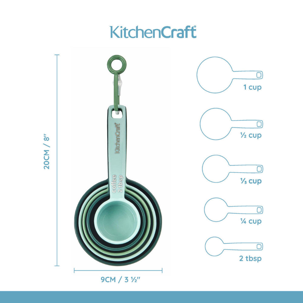 Set of KitchenCraft measuring cups with measurements on a white background
