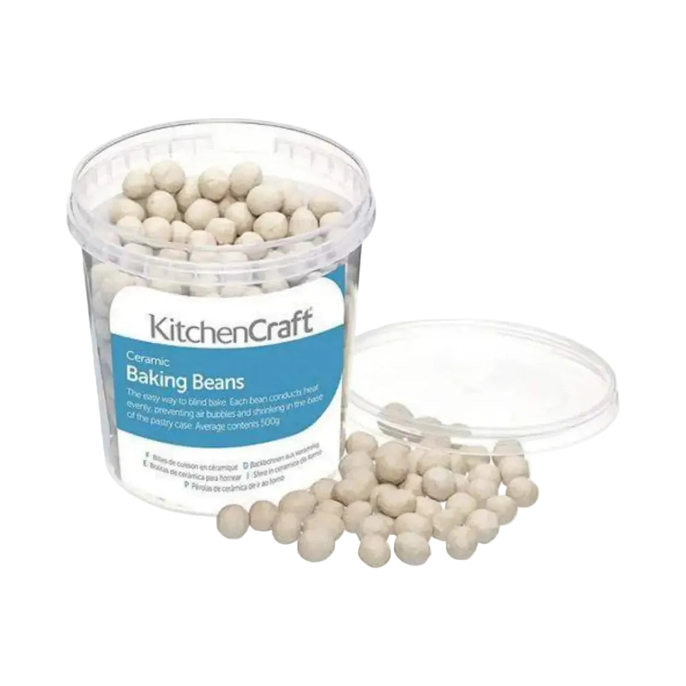 Clear container of KitchenCraft ceramic baking beans with a white background