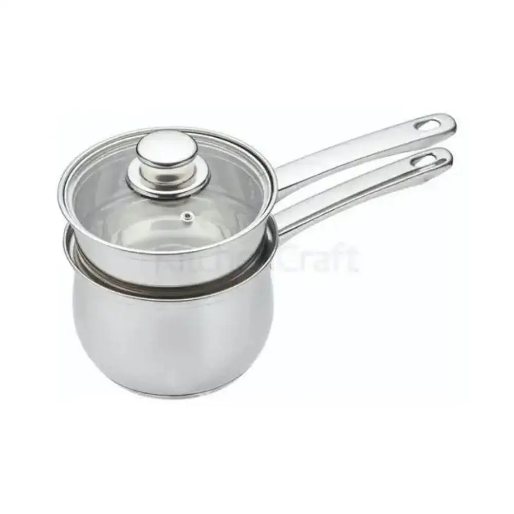 Stainless steel saucepan with glass lid on a white background