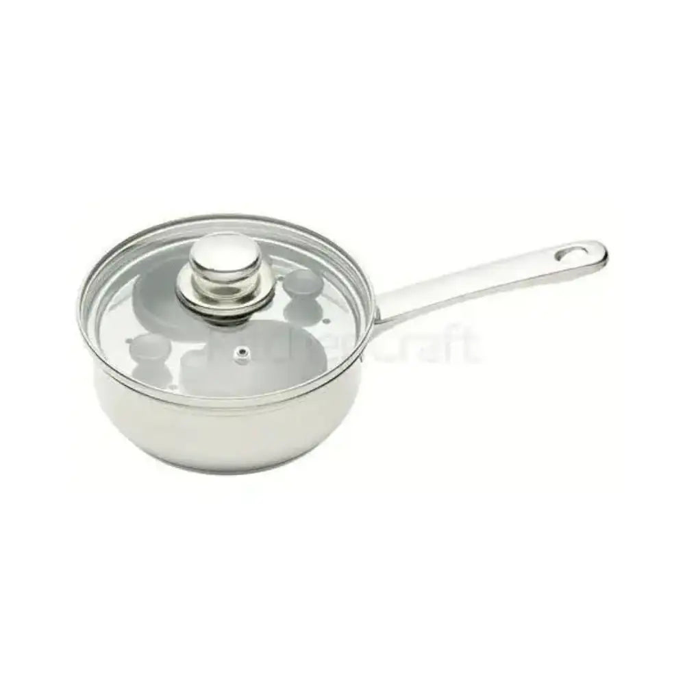 Stainless steel saucepan with glass lid on a white background