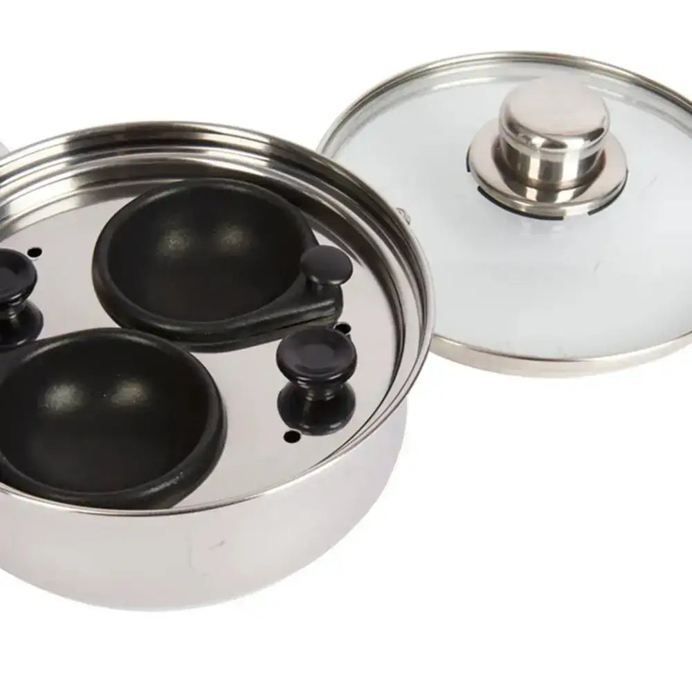 Stainless steel pot with black interior and glass lid on a white background