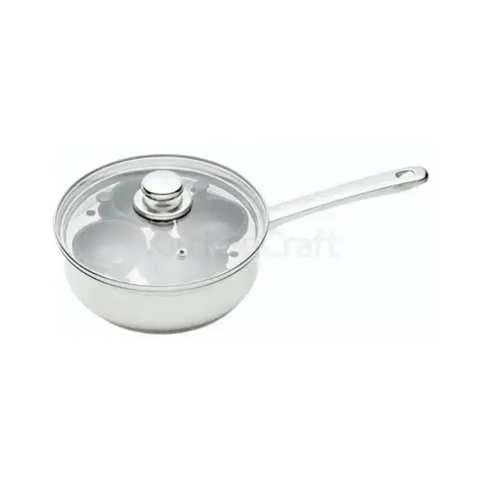 Stainless steel saucepan with glass lid on a white background