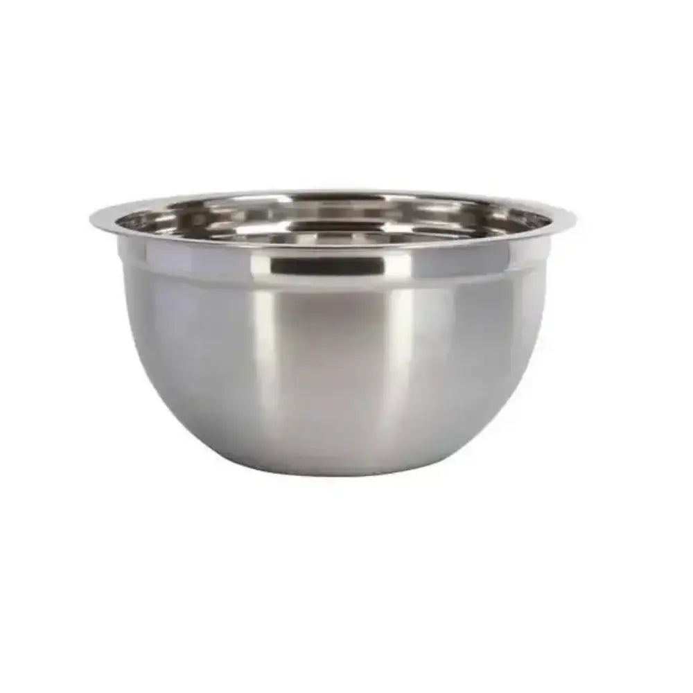 Stainless steel mixing bowl on a white background