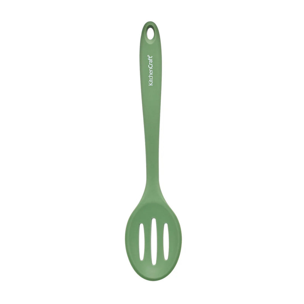 Green slotted spoon with 'KitchenCraft' branding on a white background