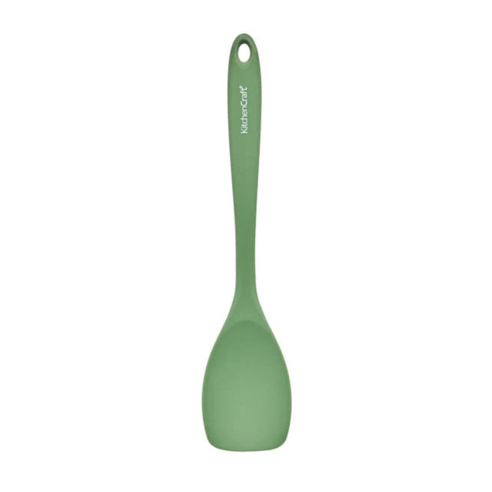 Green spoon with a visible brand logo on a white background