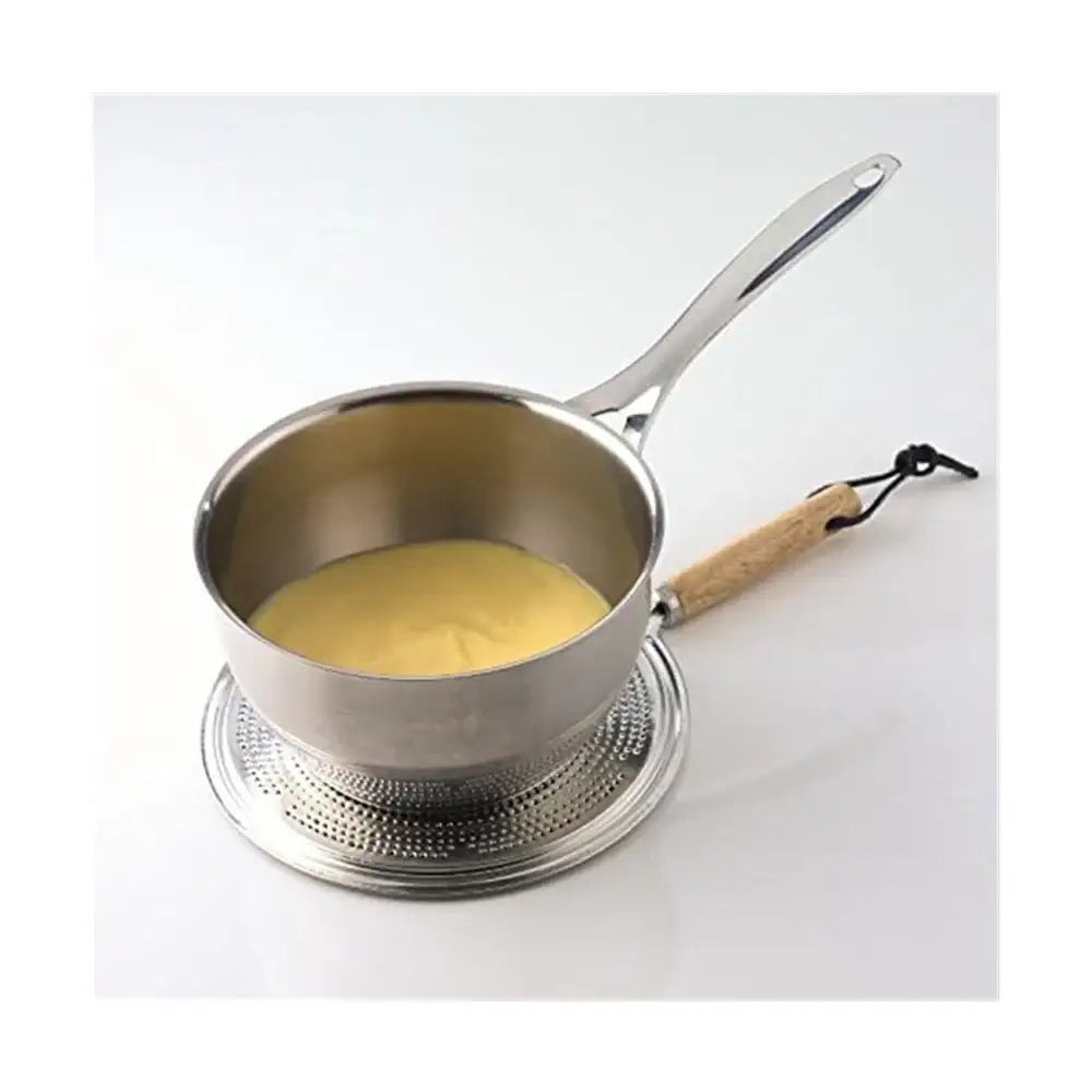 Small metal pot with wooden handle on a white background