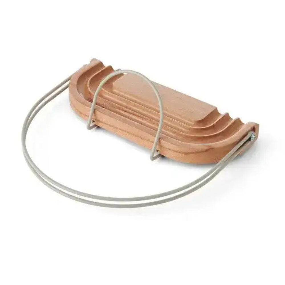 Set of wooden coasters with a metal holder on a white background