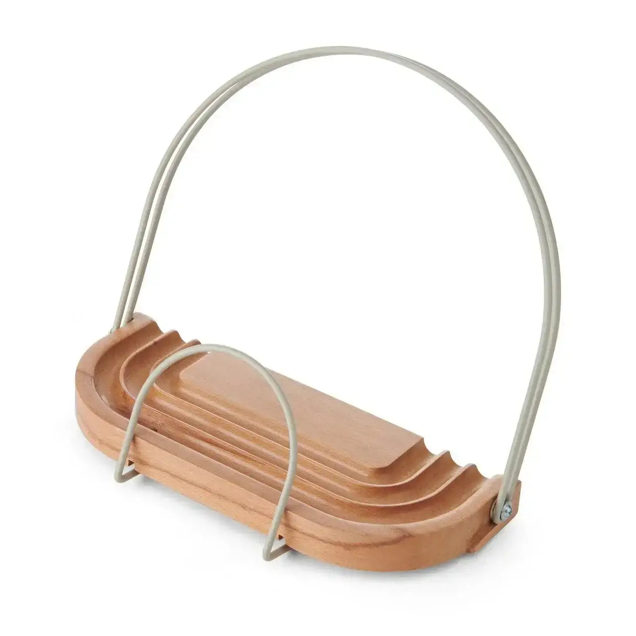 Wooden shoe tree with metal handle on a white background